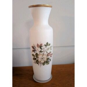 MCM Satin Frosted Glass Flower & Berry Bud Vase Gold Trim Yellow Green White